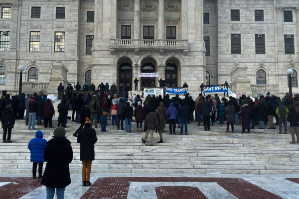 On presidential inauguration day, individuals gathered outside the Rhode Island State House in Providence for a “Rally for the Planet” event. | PHOTO: Will Holt