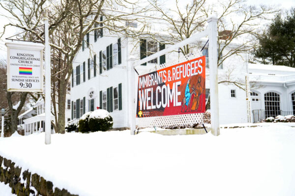 The Kingston Congregational Church put up welcoming signage in early January. PHOTO CREDIT: Emma Roberts | Staff Photographer