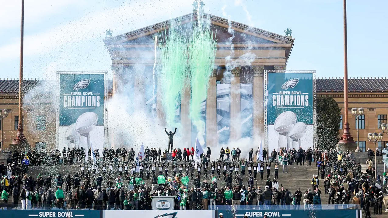 The Philadelphia Eagles Super Bowl Parade on the steps of the Philadelphia Museum of Art. PHOTO CREDIT: WTXF-TV | Fox29.com