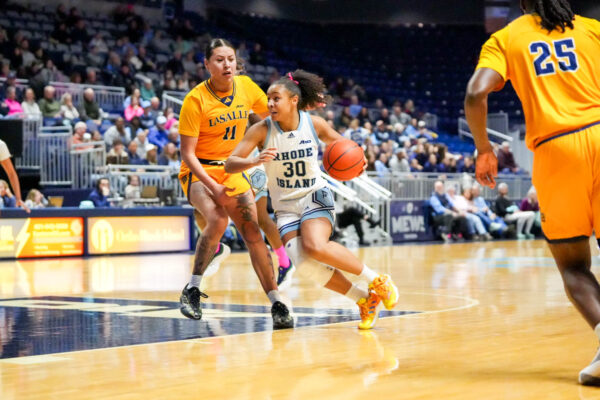 Third-year guard Ines Debroise pushes past a La Salle defender. PHOTO CREDIT: Emma Roberts | Staff Photographer