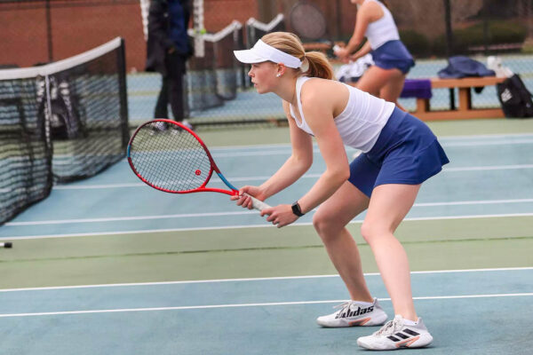 Fourth-year Klara Nelander wins both singles and doubles in URI’s victory over Hofstra on Feb. 16. PHOTO CREDIT: Michaela Benford / GoRhody.com