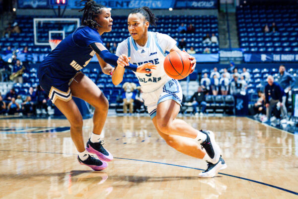 First-year guard Ayanna Franks pushes past a George Washington defender in the Ram’s loss on Saturday. PHOTO CREDIT: Emma Roberts | Staff Photographer