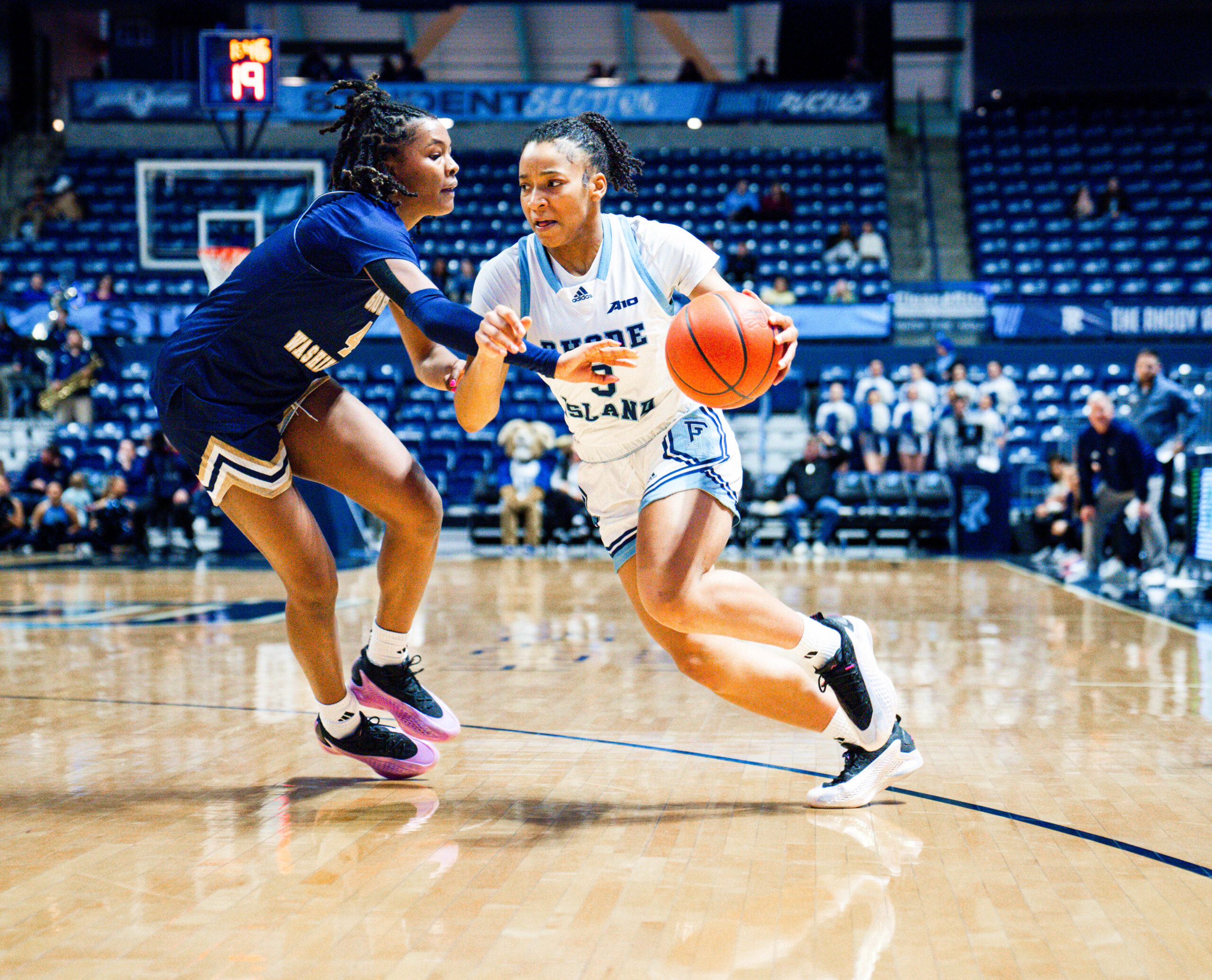 First-year guard Ayanna Franks pushes past a George Washington defender in the Ram’s loss on Saturday. PHOTO CREDIT: Emma Roberts | Staff Photographer