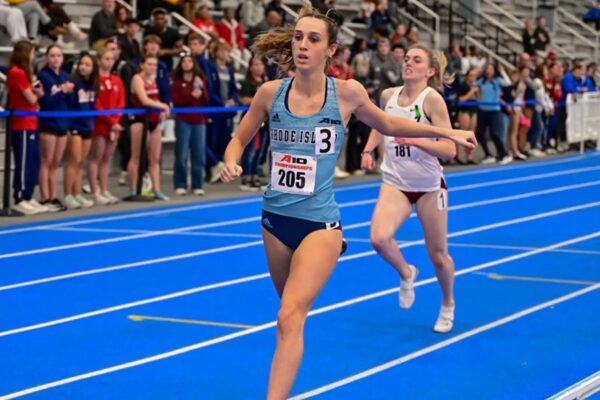 Third-year Lily Saul finishes first in both the mile and the 1000m and receives Track Performer of the Meet at the Atlantic 10 Conference. PHOTO CREDIT: Mike Scott / GoRhody.com