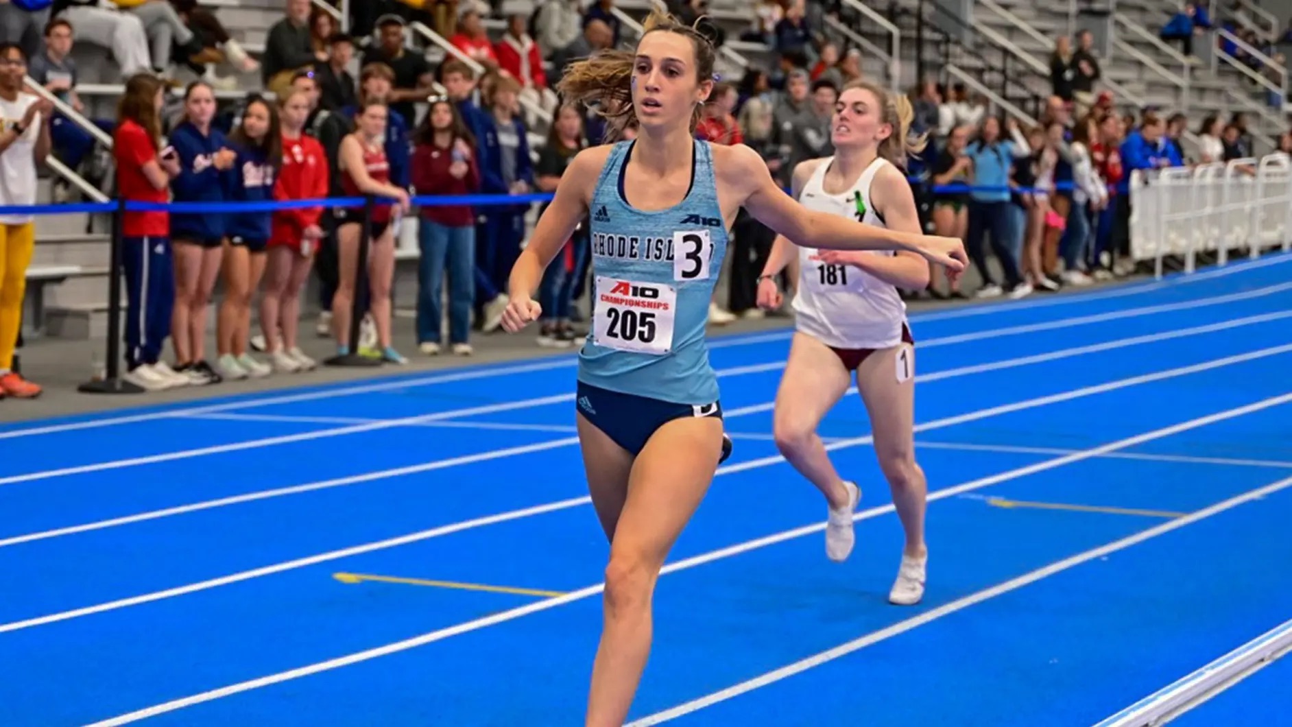 Third-year Lily Saul finishes first in both the mile and the 1000m and receives Track Performer of the Meet at the Atlantic 10 Conference. PHOTO CREDIT: Mike Scott / GoRhody.com