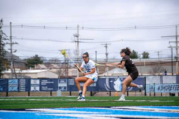 Second-year midfielder Brinley Myers scores a season high of five goals in Rhody’s loss to St. Bonaventure on Saturday. PHOTO CREDIT: Nora Kelley | Photo Editor