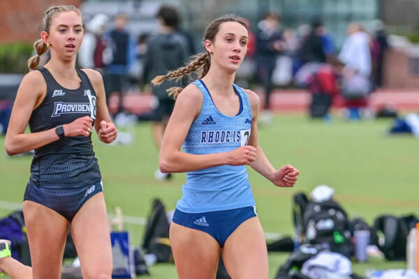 Third-year Lily Saul wins the 800m at the Holy Cross Invitational on Saturday. PHOTO CREDIT: Mike Scott/GoRhody.com