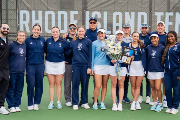 Rhody tennis celebrates fourth-year Klara Nelander on senior day. PHOTO CREDIT: Emma Roberts/GoRhody.com