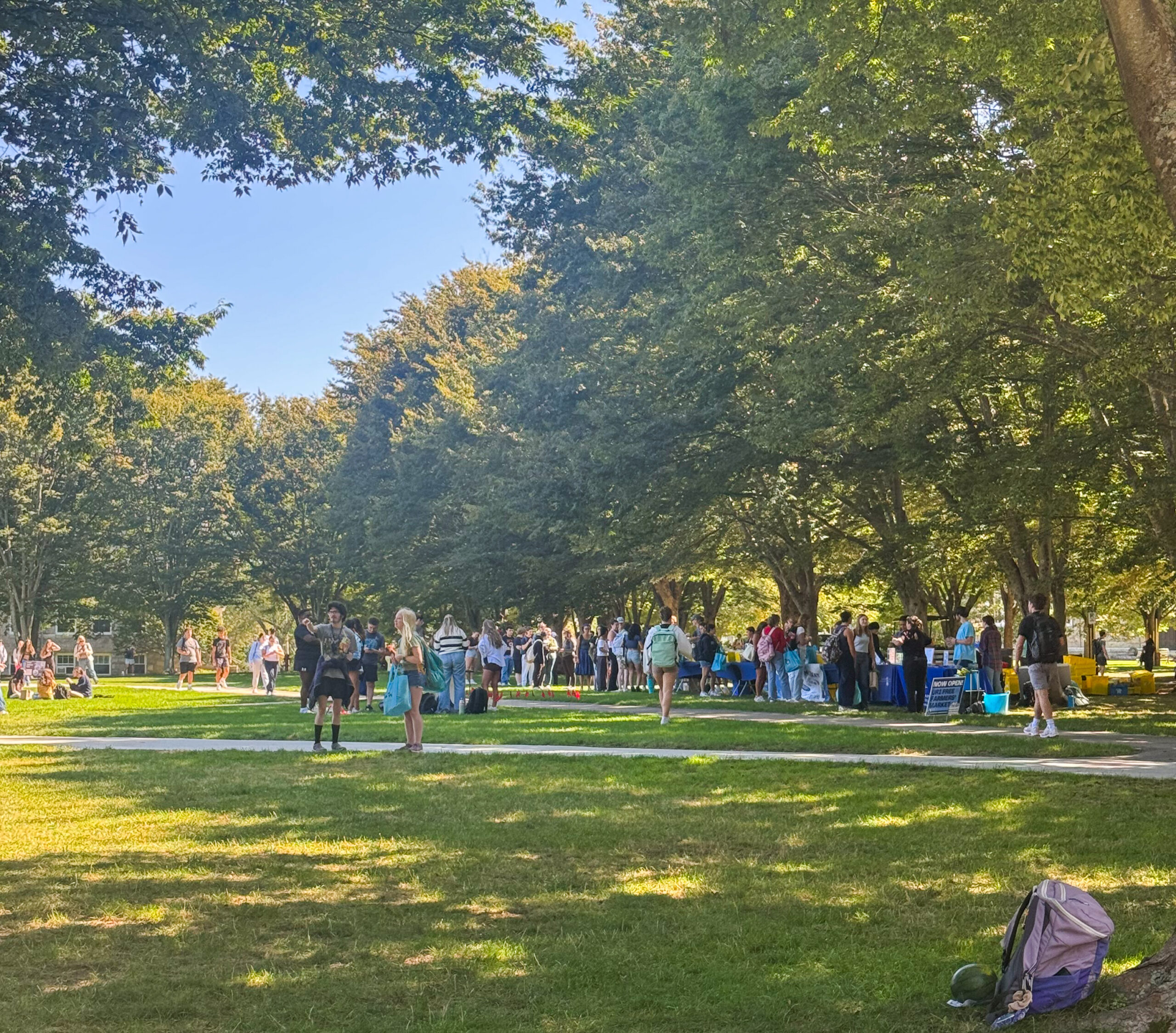 Students gather on the quad to wait in line for free fresh produce from three of URI’s farms. PHOTO CREDIT: Aleyna Birinci | Contributing Photographer