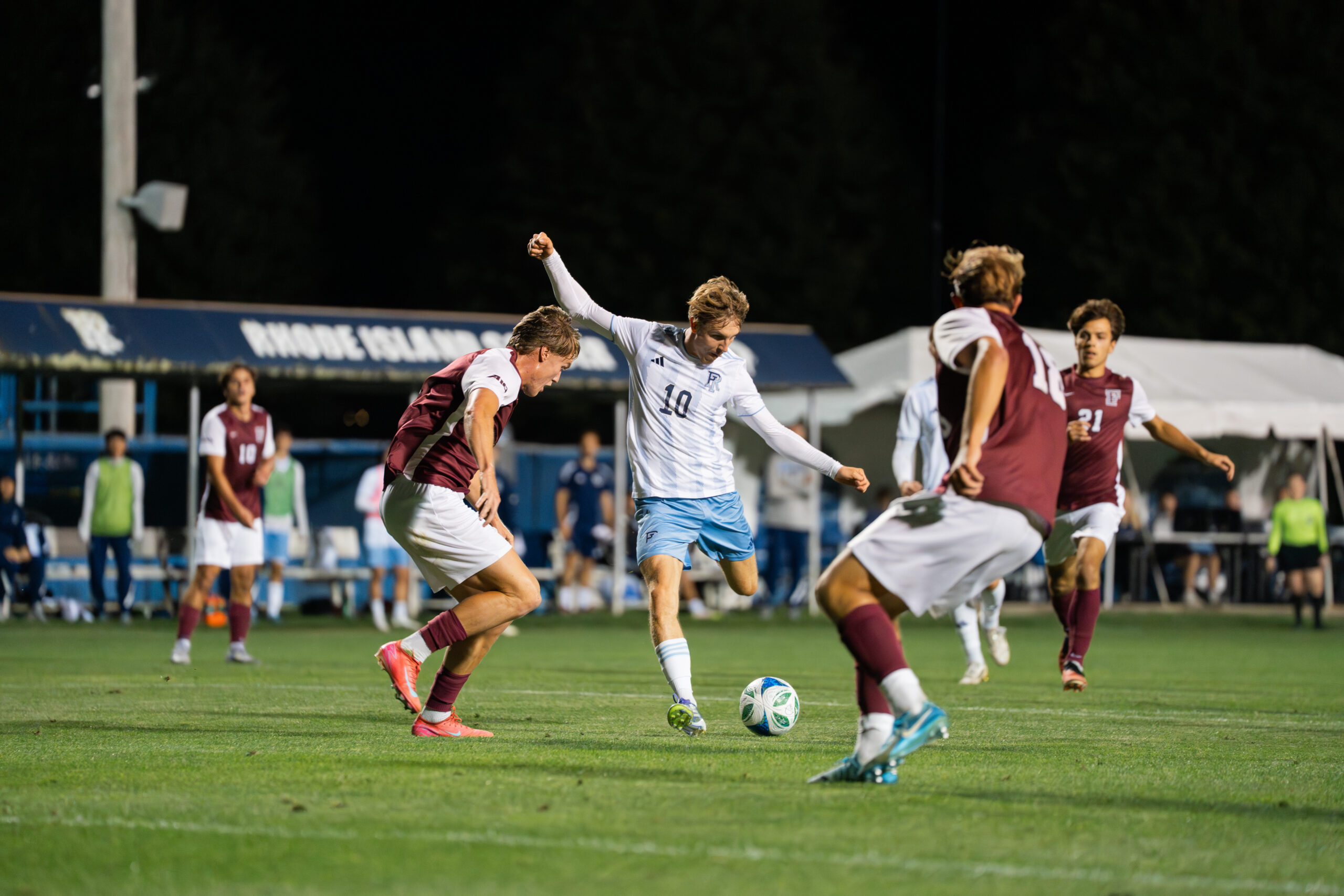 First-year midfielder Sinan Bruning sets up for a shot in the box against Fordham on Saturday. PHOTO CREDIT: Emma Roberts | Staff Photographer