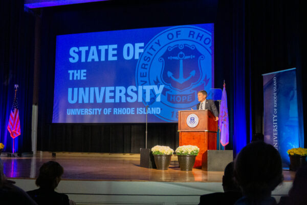 President Marc Parlange giving his annual State of the University speech in Edwards Auditorium on Friday. PHOTO CREDIT: Aria Garcia-Torres | Staff Photographer