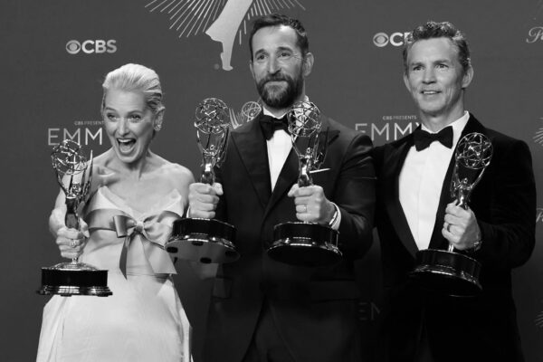 Co-stars of HBO Max’s “The Pitt” Katherine LaNasa (left), Noah Wyle (center), and Shawn Hatosy (right) after their Emmy wins on Sunday. PHOTO CREDIT: Daniel Cole/Reuters