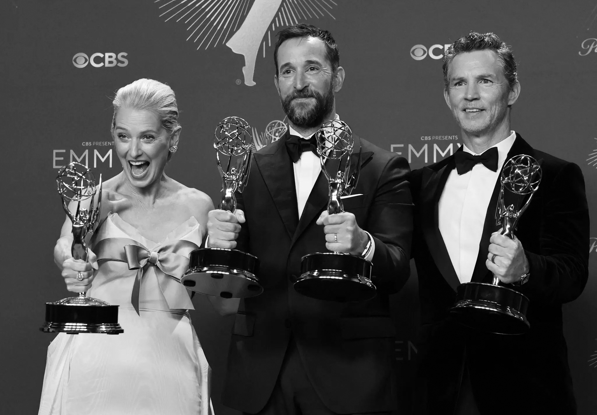 Co-stars of HBO Max’s “The Pitt” Katherine LaNasa (left), Noah Wyle (center), and Shawn Hatosy (right) after their Emmy wins on Sunday. PHOTO CREDIT: Daniel Cole/Reuters