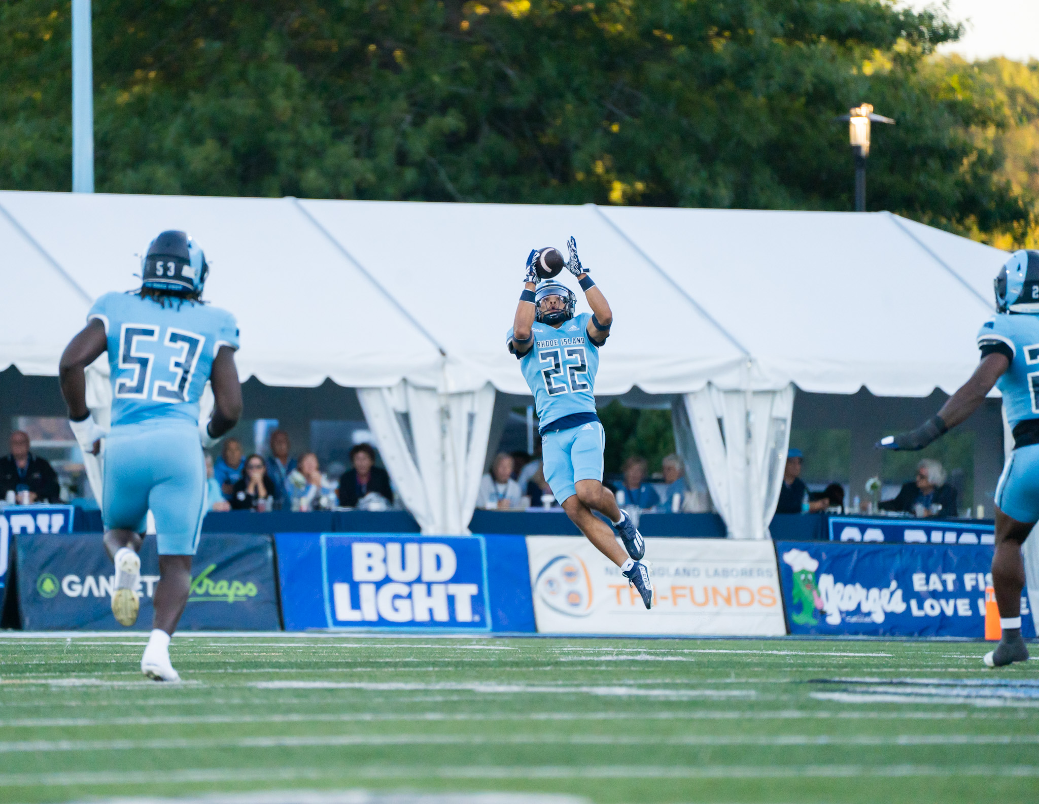 Fourth-year defensive back Justin Carcel catches an interception in Rhody’s win against LIU on Sept. 20. PHOTO CREDIT: Nora Kelley | Photo Editor